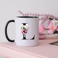 Mug, 15oz, Sublimated, Floral Letter, Ceramic Black Handle Black Inside