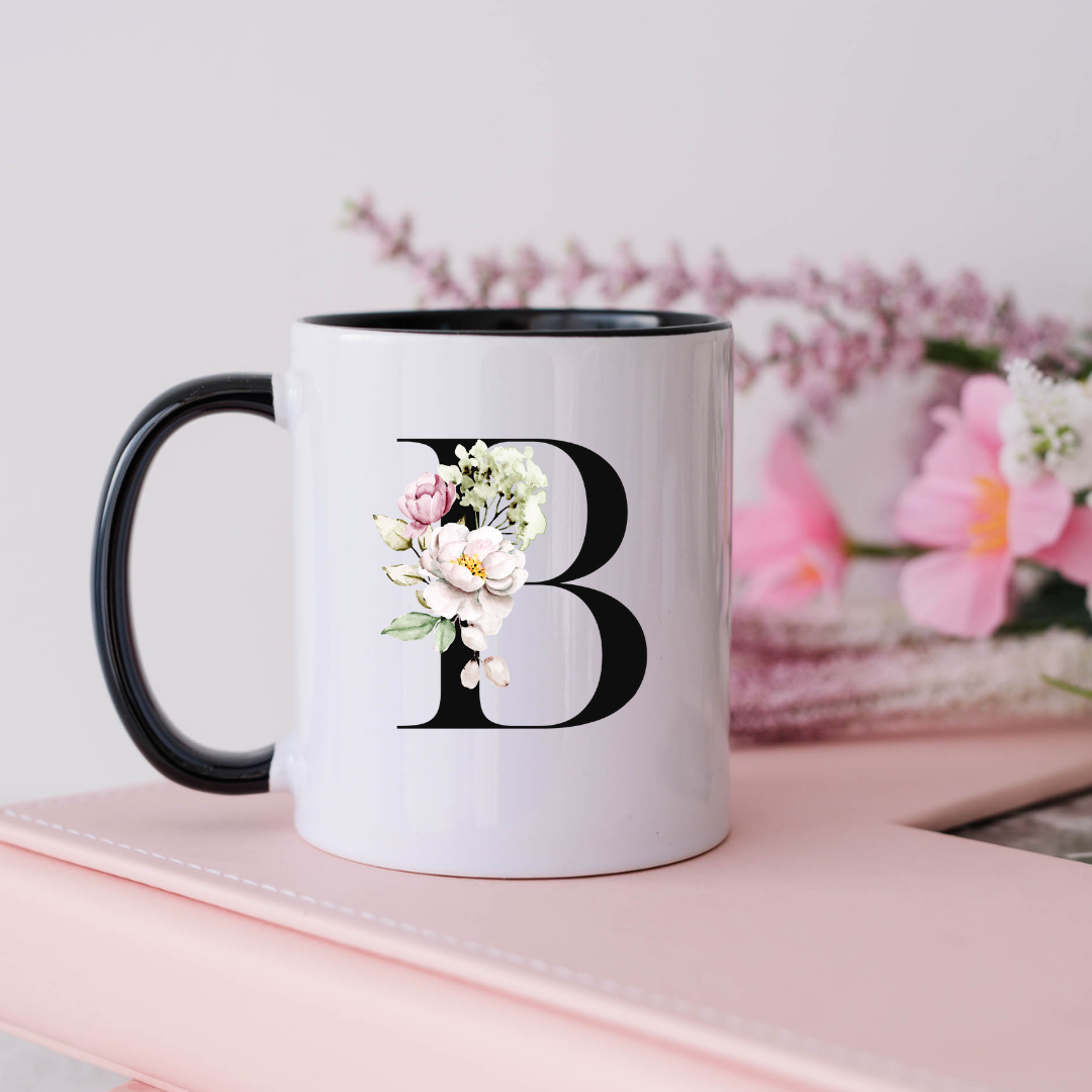 Mug, 15oz, Sublimated, Floral Letter, Ceramic Black Handle Black Inside