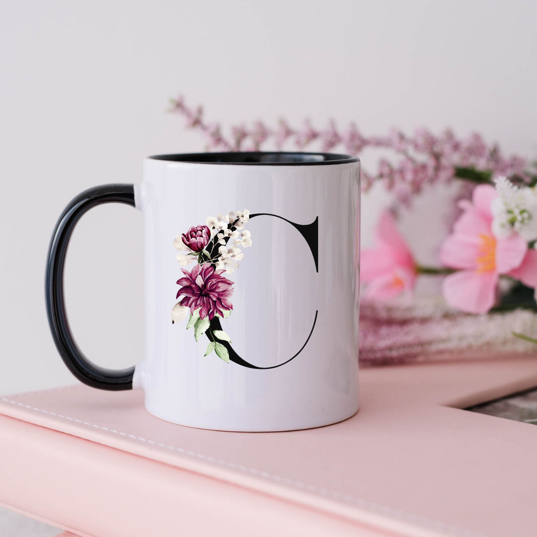 Mug, 15oz, Sublimated, Floral Letter, Ceramic Black Handle Black Inside