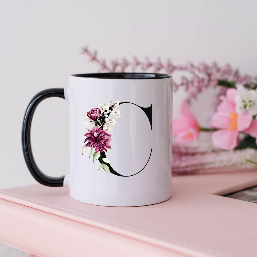 Mug, 15oz, Sublimated, Floral Letter, Ceramic Black Handle Black Inside