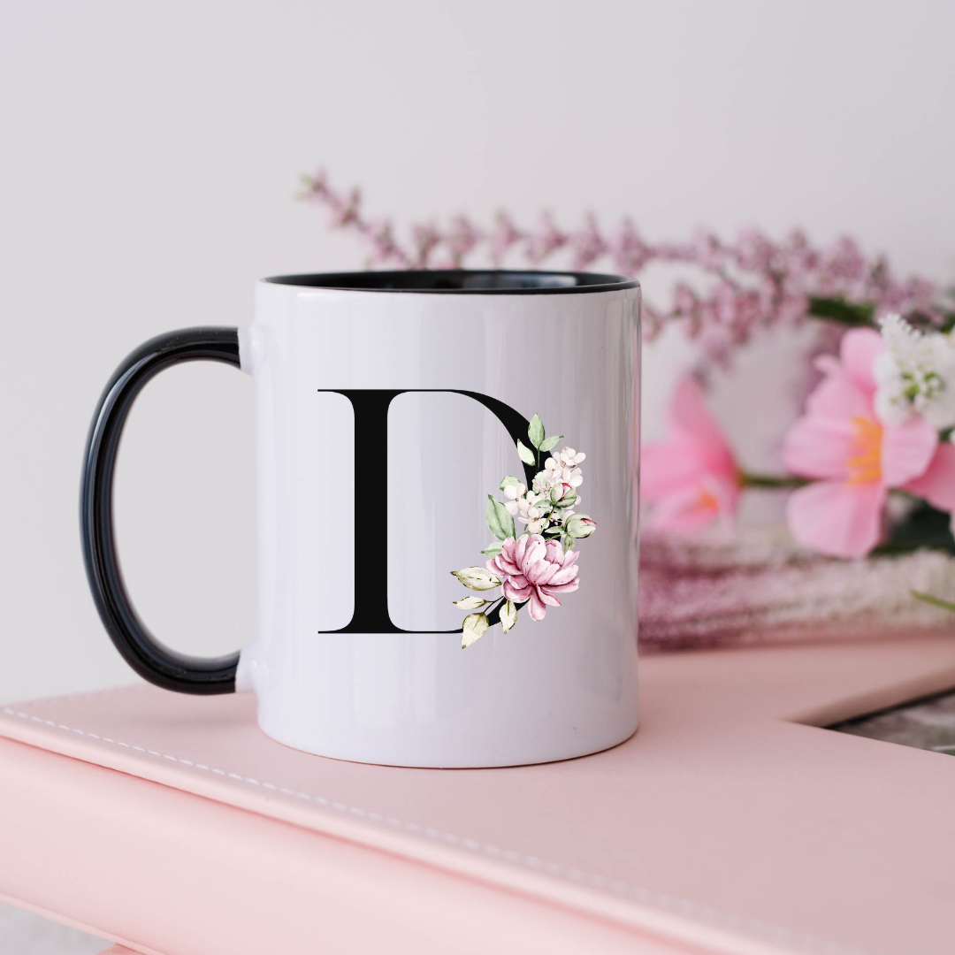 Mug, 15oz, Sublimated, Floral Letter, Ceramic Black Handle Black Inside