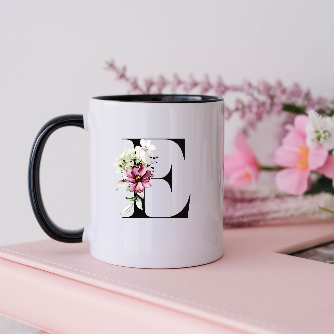 Mug, 15oz, Sublimated, Floral Letter, Ceramic Black Handle Black Inside