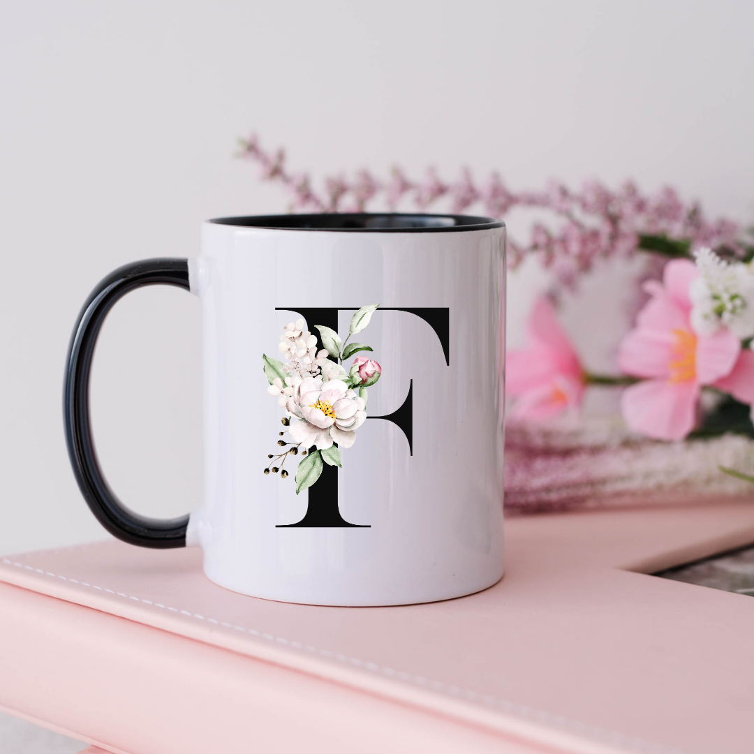Mug, 15oz, Sublimated, Floral Letter, Ceramic Black Handle Black Inside