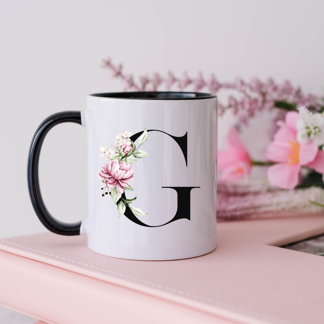 Mug, 15oz, Sublimated, Floral Letter, Ceramic Black Handle Black Inside