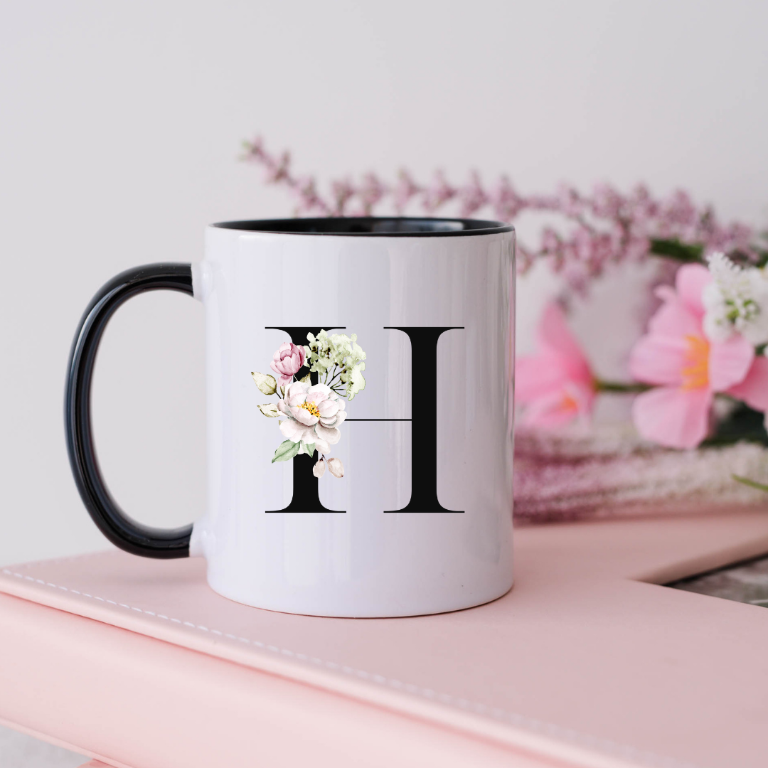 Mug, 15oz, Sublimated, Floral Letter, Ceramic Black Handle Black Inside