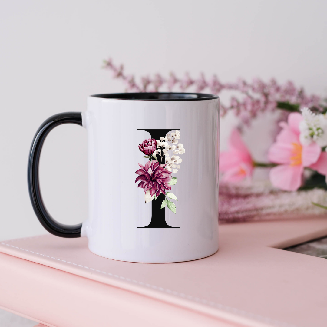 Mug, 15oz, Sublimated, Floral Letter, Ceramic Black Handle Black Inside