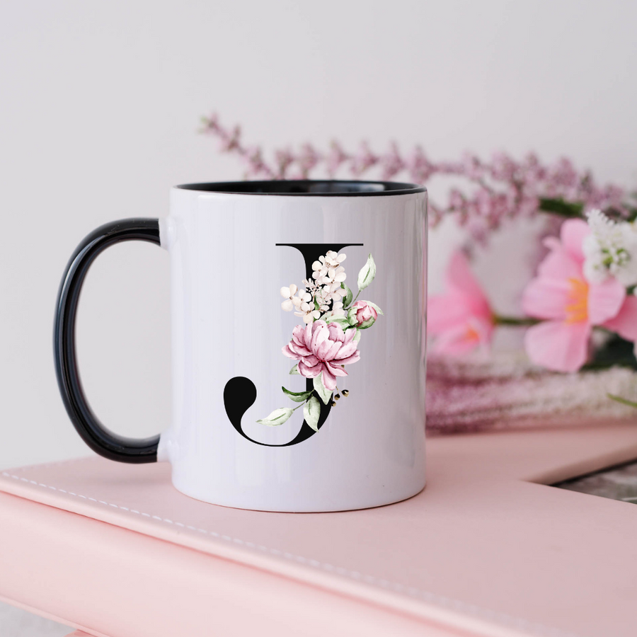Mug, 15oz, Sublimated, Floral Letter, Ceramic Black Handle Black Inside