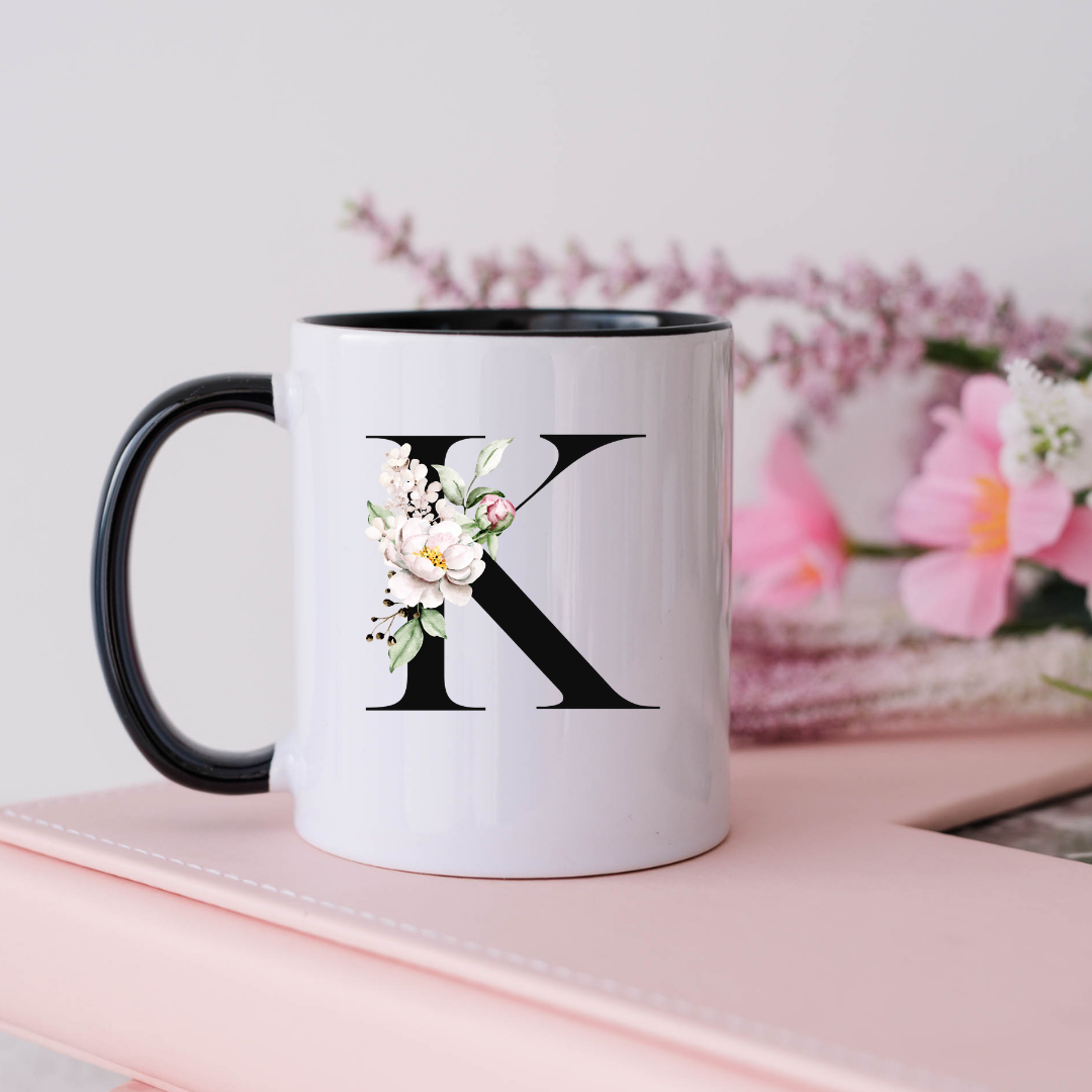 Mug, 15oz, Sublimated, Floral Letter, Ceramic Black Handle Black Inside