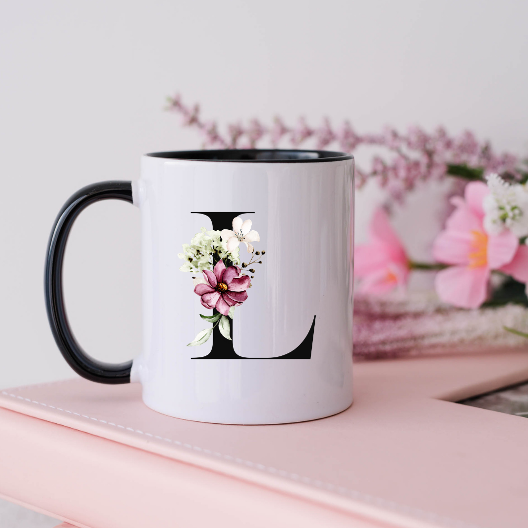 Mug, 15oz, Sublimated, Floral Letter, Ceramic Black Handle Black Inside