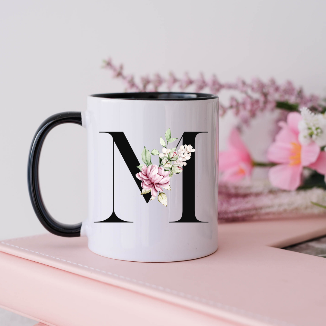 Mug, 15oz, Sublimated, Floral Letter, Ceramic Black Handle Black Inside