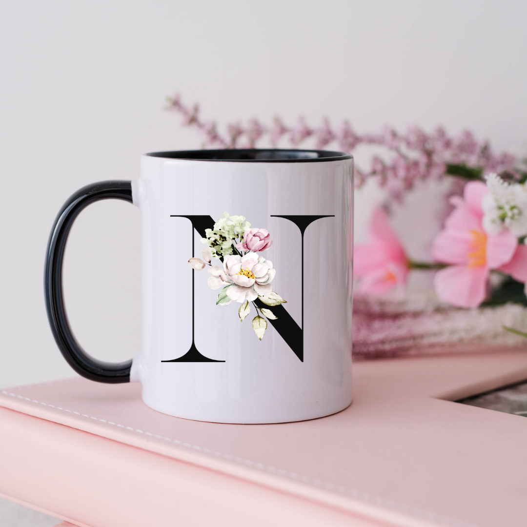Mug, 15oz, Sublimated, Floral Letter, Ceramic Black Handle Black Inside