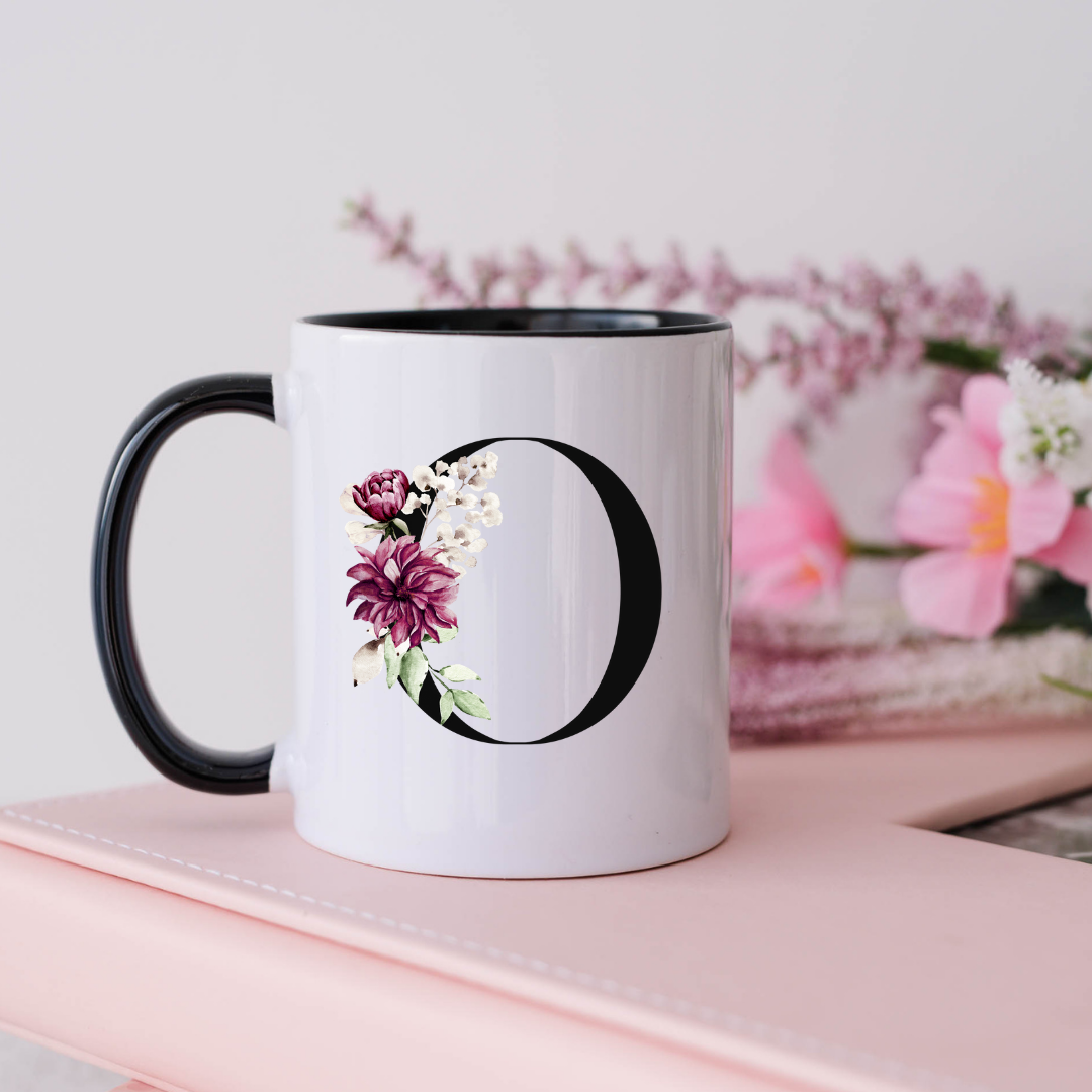 Mug, 15oz, Sublimated, Floral Letter, Ceramic Black Handle Black Inside