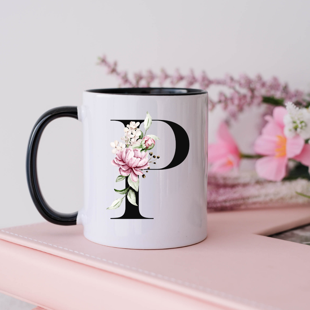 Mug, 15oz, Sublimated, Floral Letter, Ceramic Black Handle Black Inside