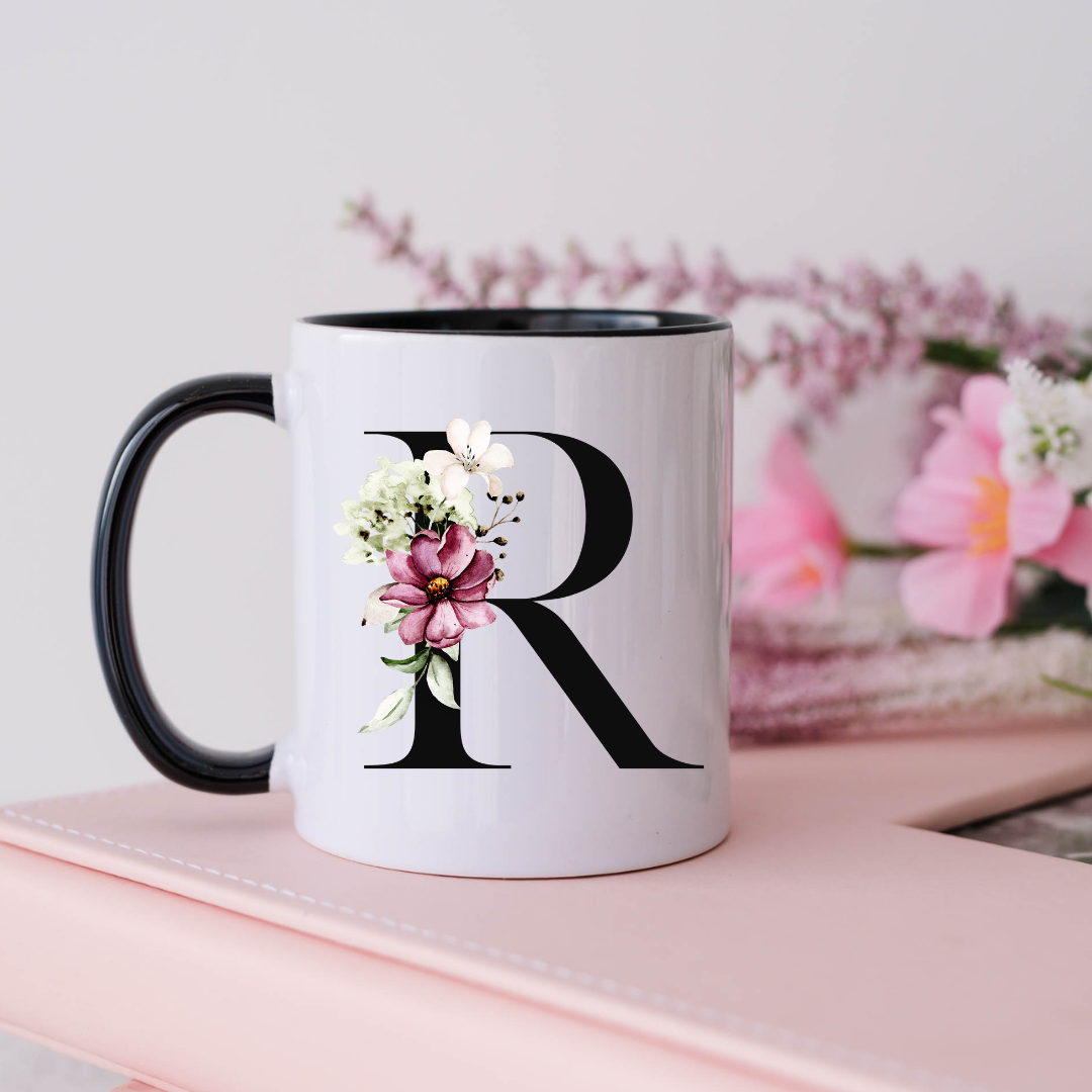 Mug, 15oz, Sublimated, Floral Letter, Ceramic Black Handle Black Inside