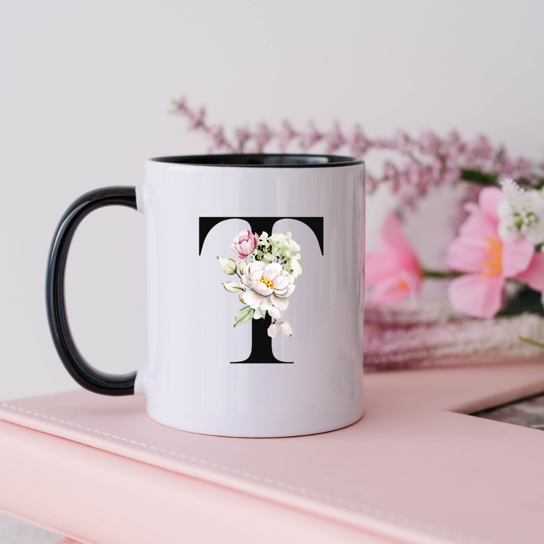 Mug, 15oz, Sublimated, Floral Letter, Ceramic Black Handle Black Inside