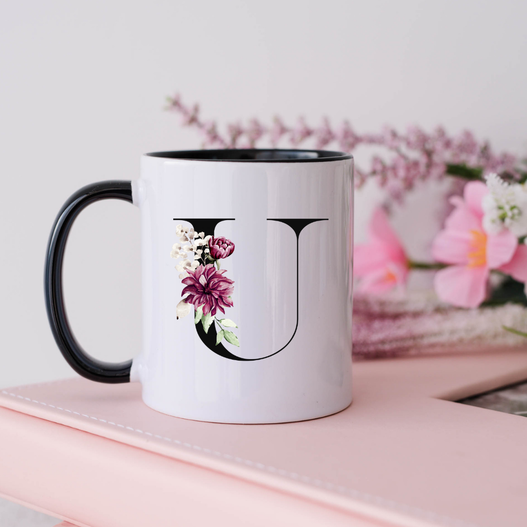 Mug, 15oz, Sublimated, Floral Letter, Ceramic Black Handle Black Inside