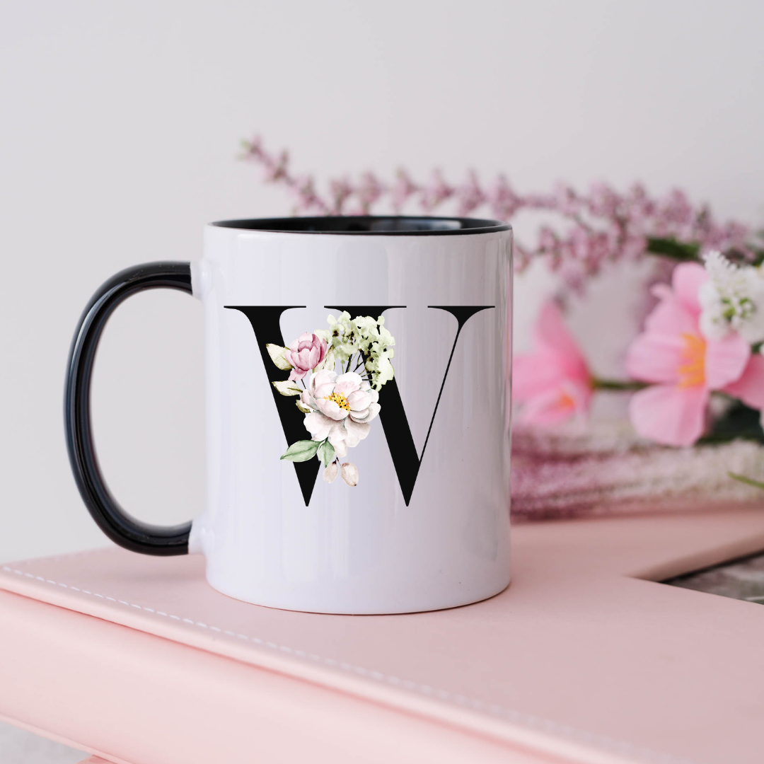Mug, 15oz, Sublimated, Floral Letter, Ceramic Black Handle Black Inside