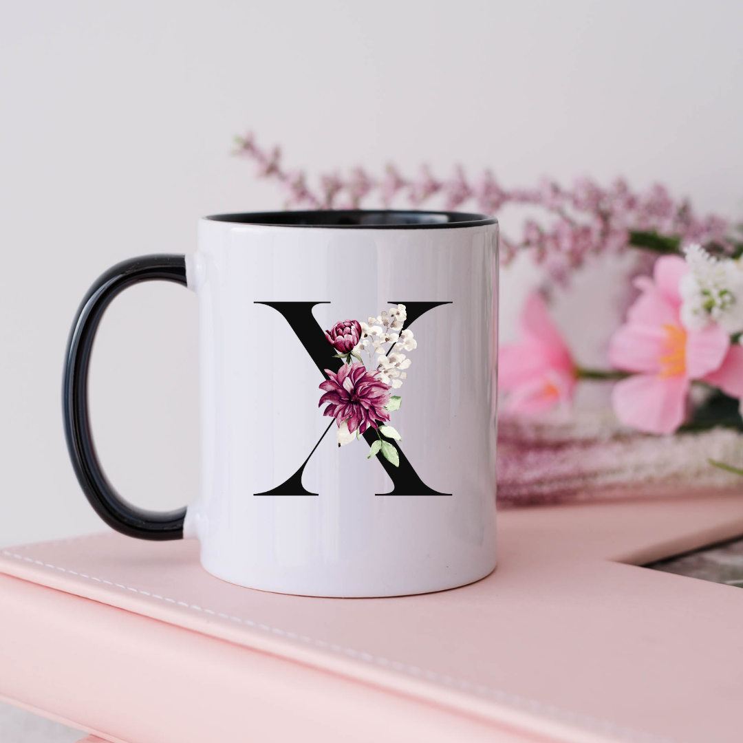 Mug, 15oz, Sublimated, Floral Letter, Ceramic Black Handle Black Inside