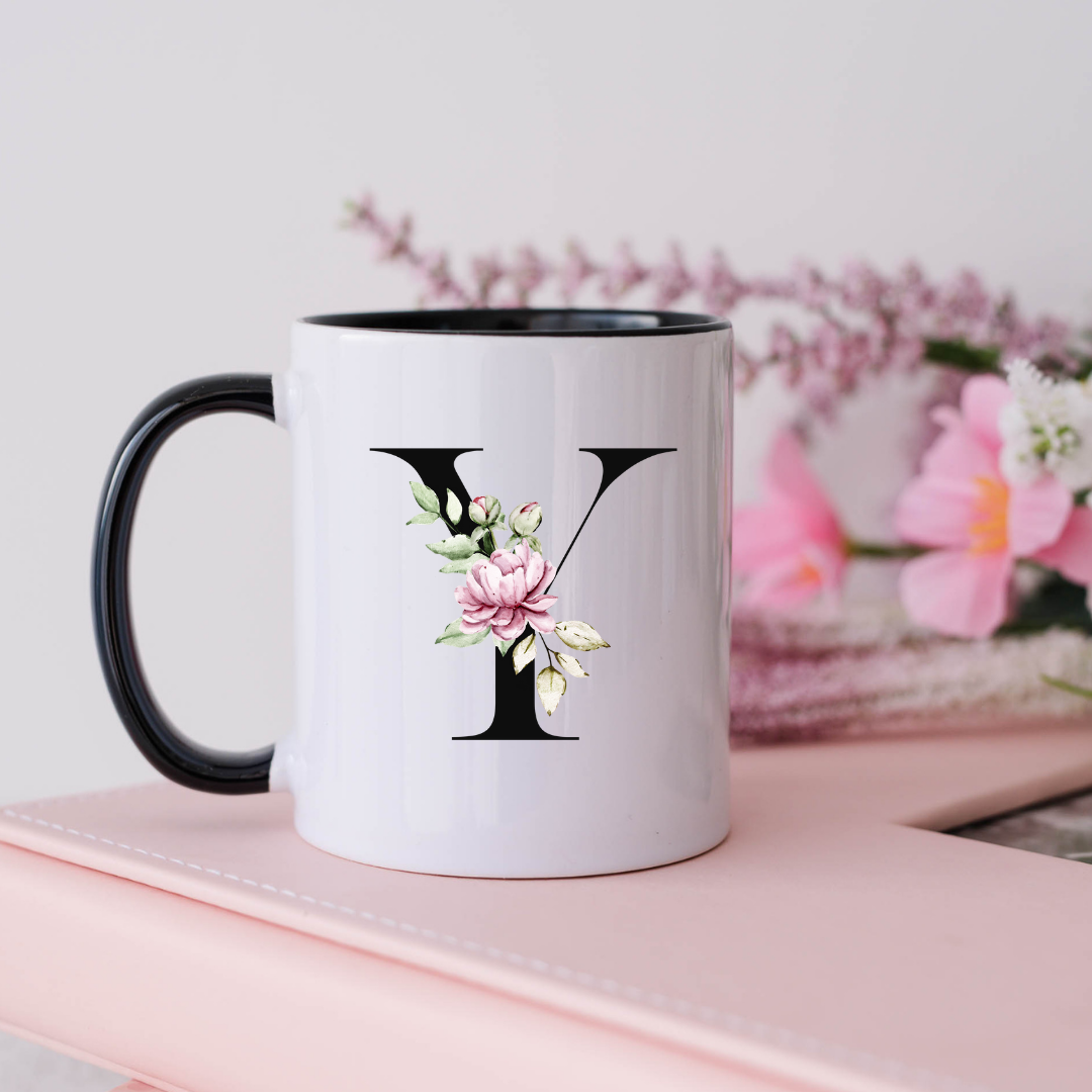 Mug, 15oz, Sublimated, Floral Letter, Ceramic Black Handle Black Inside