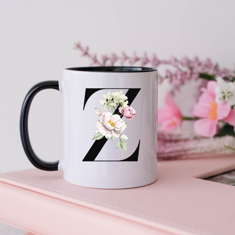 Mug, 15oz, Sublimated, Floral Letter, Ceramic Black Handle Black Inside